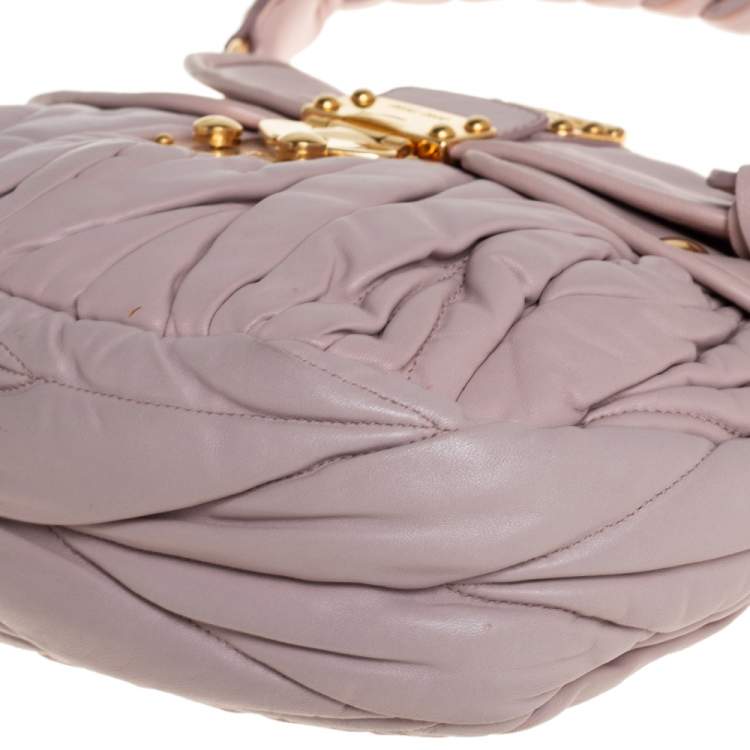 Pre Owned Miu Miu Pale Pink Matelassé Leather Small Coffer Hobo