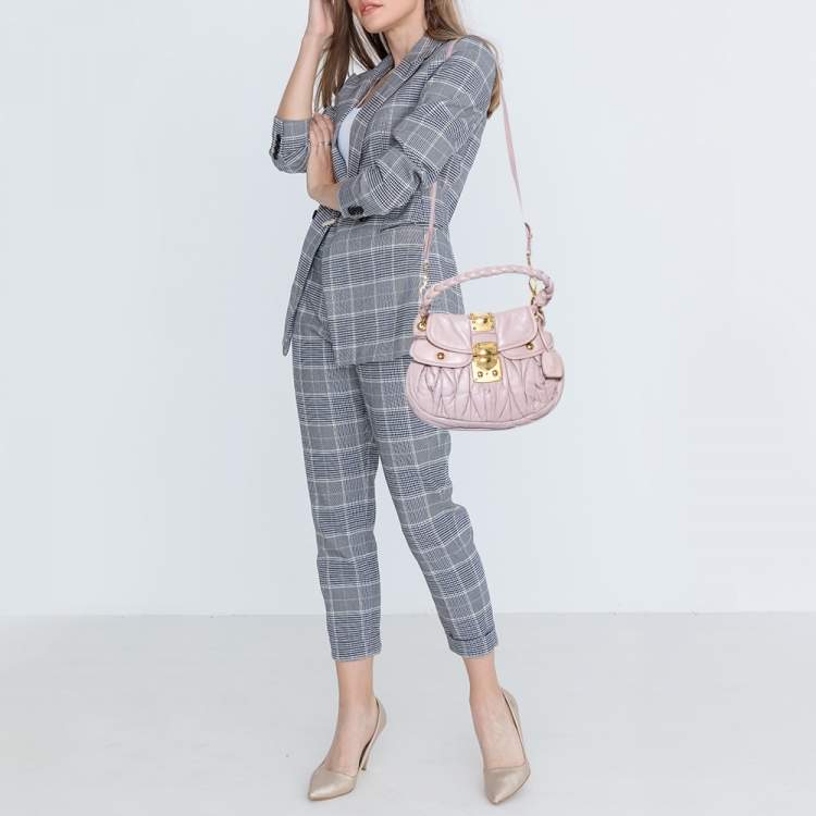 Pre Owned Miu Miu Pale Pink Matelassé Leather Small Coffer Hobo
