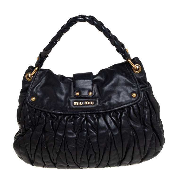 Pre Owned Miu Miu Black Matelassé Lux Leather Coffer Hobo
