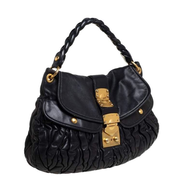 Pre Owned Miu Miu Black Matelassé Lux Leather Coffer Hobo