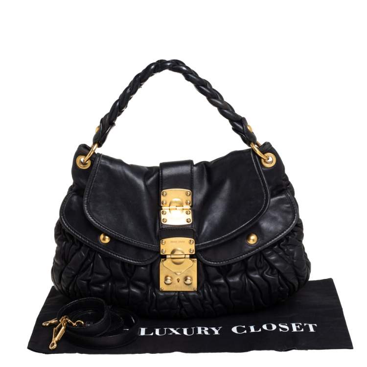 Pre Owned Miu Miu Black Matelassé Lux Leather Coffer Hobo