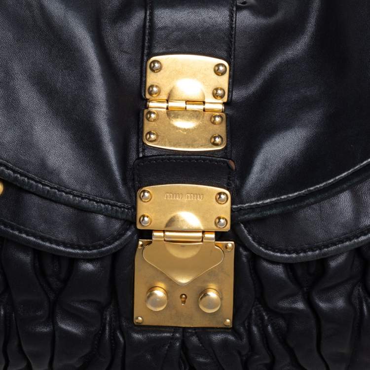 Pre Owned Miu Miu Black Matelassé Lux Leather Coffer Hobo