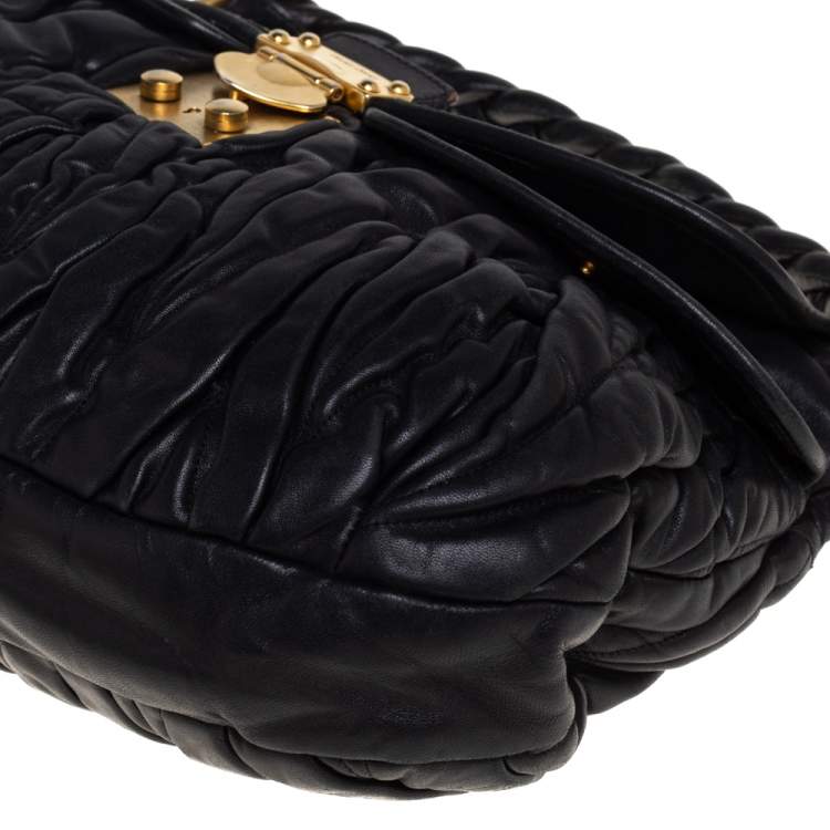 Pre Owned Miu Miu Black Matelassé Lux Leather Coffer Hobo