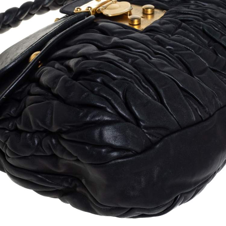 Pre Owned Miu Miu Black Matelassé Lux Leather Coffer Hobo