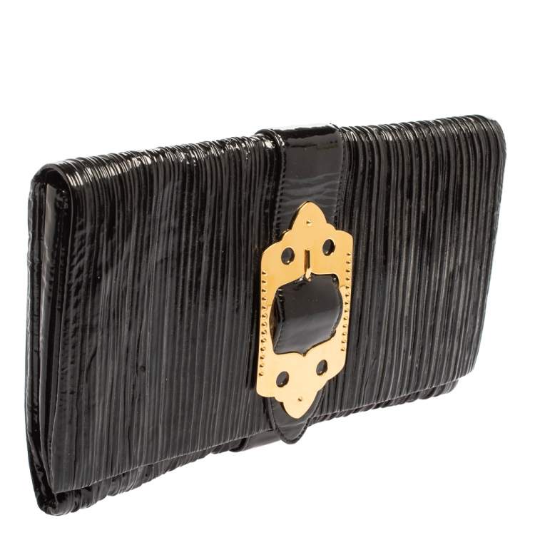 Pre Owned Miu Miu Black Pleated Patent Leather Clutch
