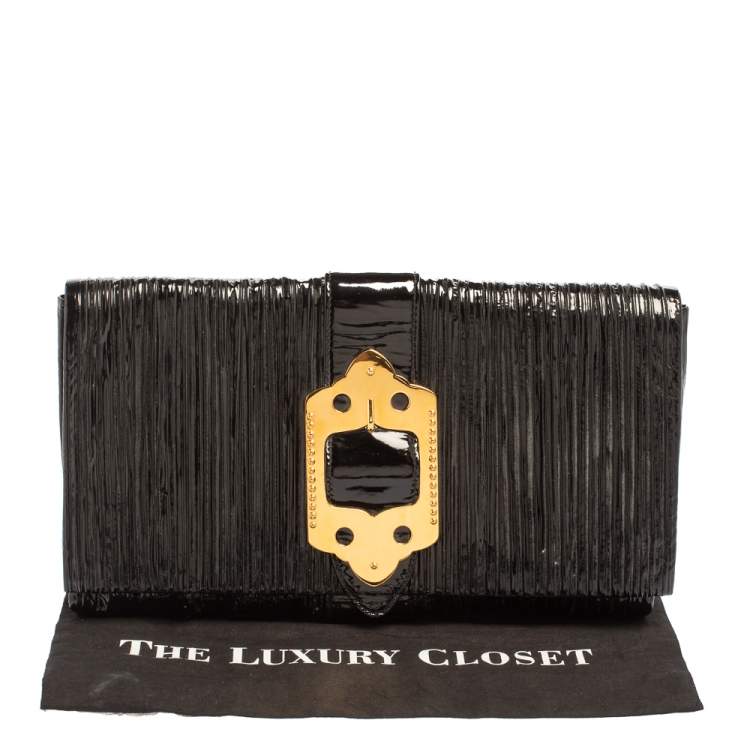 Pre Owned Miu Miu Black Pleated Patent Leather Clutch
