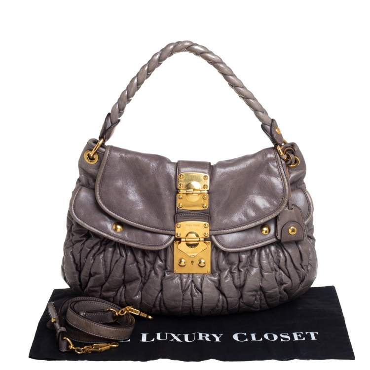 Pre Owned Miu Miu Dark Grey Matelassé Leather Coffer Hobo