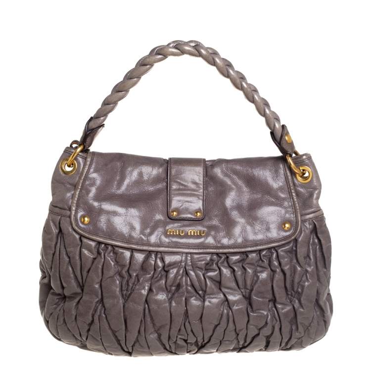 Pre Owned Miu Miu Dark Grey Matelassé Leather Coffer Hobo