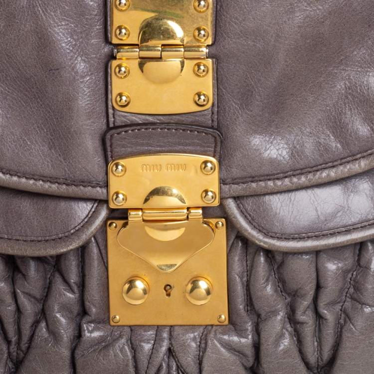 Pre Owned Miu Miu Dark Grey Matelassé Leather Coffer Hobo