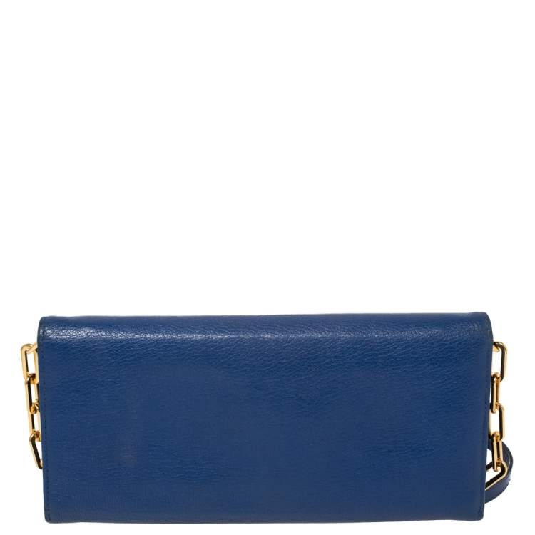 Pre Owned Miu Miu Blue Madras Leather Logo Flap Wallet on Chain