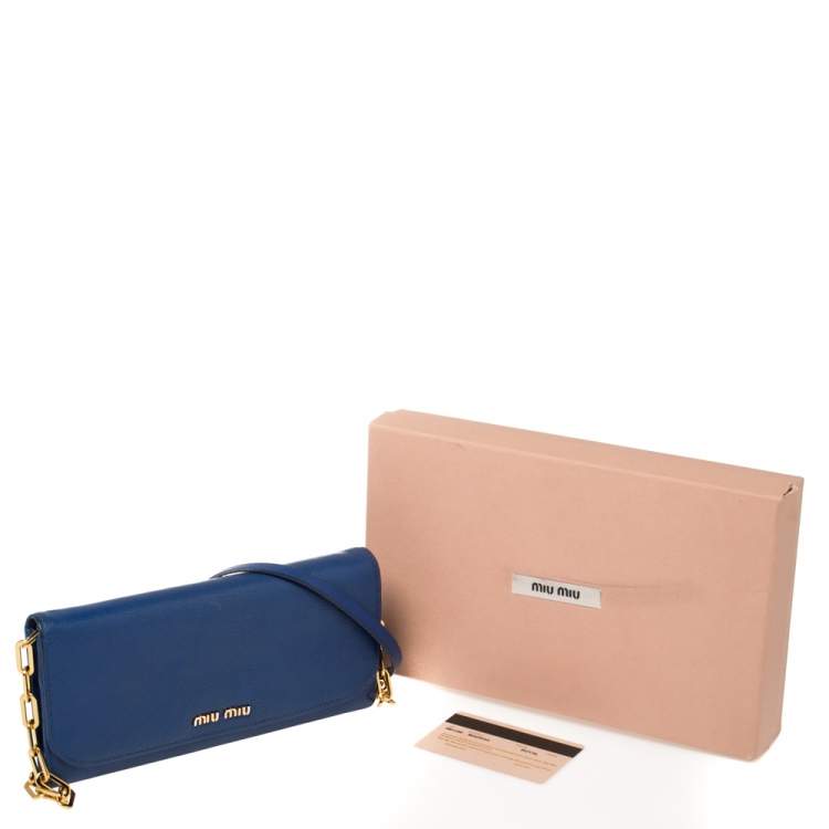Pre Owned Miu Miu Blue Madras Leather Logo Flap Wallet on Chain