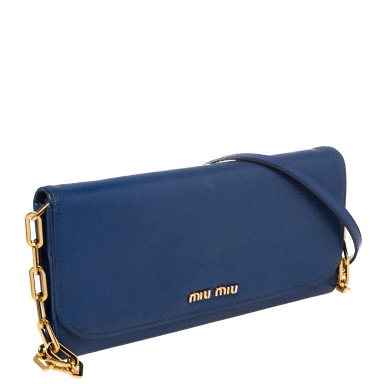 Pre Owned Miu Miu Blue Madras Leather Logo Flap Wallet on Chain