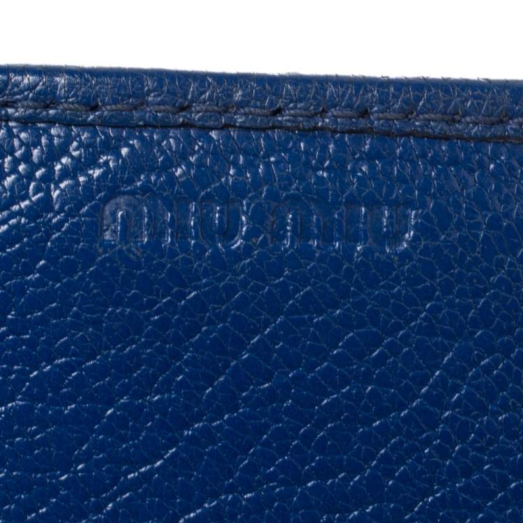 Pre Owned Miu Miu Blue Madras Leather Logo Flap Wallet on Chain