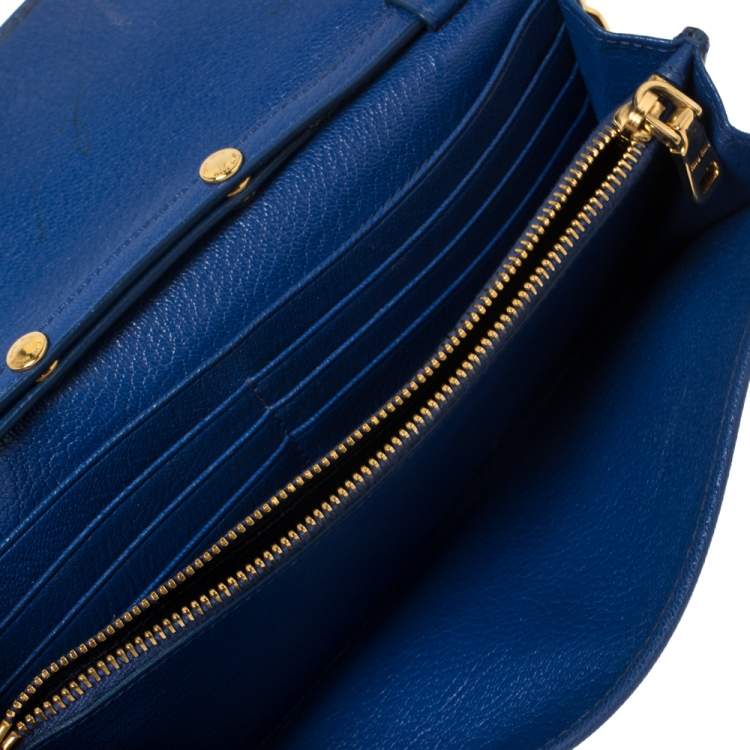 Pre Owned Miu Miu Blue Madras Leather Logo Flap Wallet on Chain