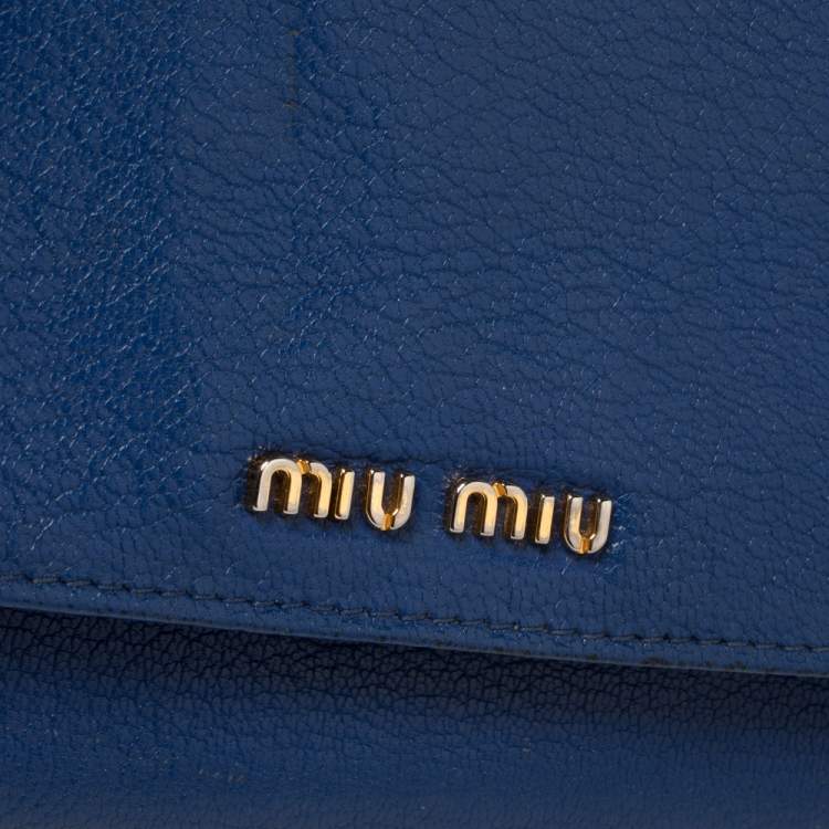 Pre Owned Miu Miu Blue Madras Leather Logo Flap Wallet on Chain
