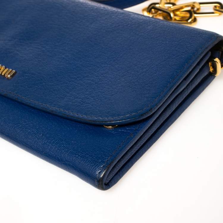 Pre Owned Miu Miu Blue Madras Leather Logo Flap Wallet on Chain