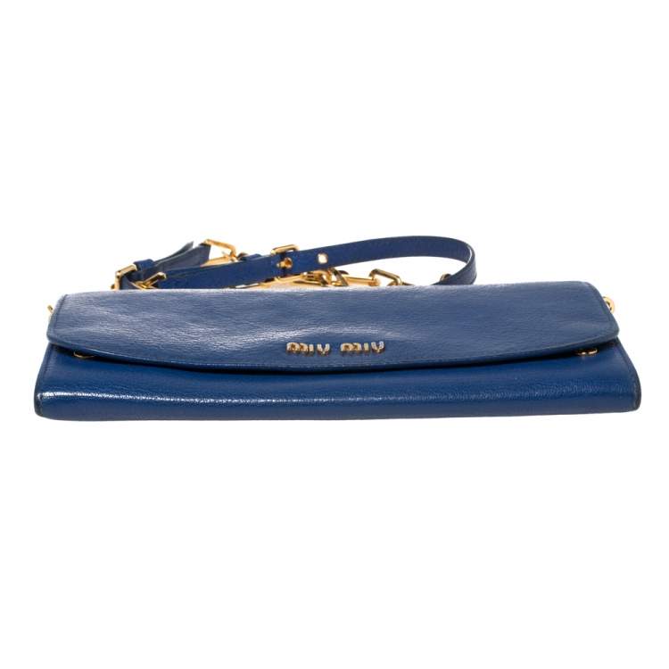 Pre Owned Miu Miu Blue Madras Leather Logo Flap Wallet on Chain