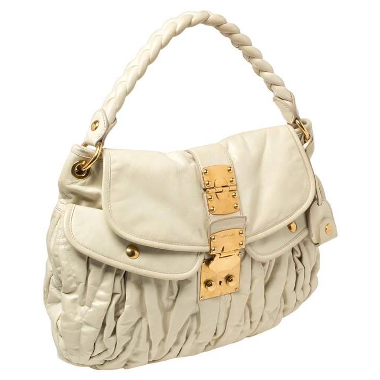 Pre Owned Miu Miu Off White Matelassé Leather Coffer Hobo