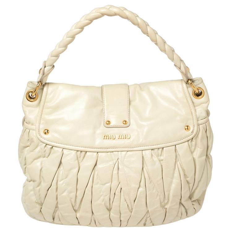 Pre Owned Miu Miu Off White Matelassé Leather Coffer Hobo