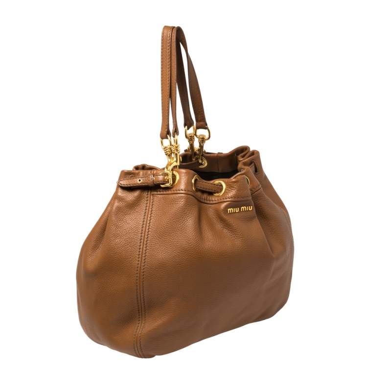 Pre Owned Miu Miu Brown Leather Drawstring Bucket Bag