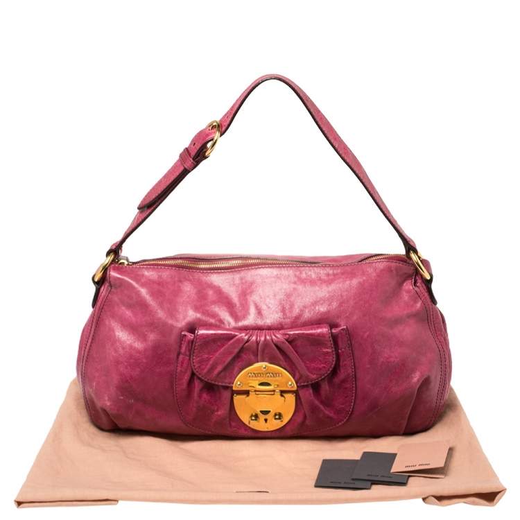 Pre Owned Miu Miu Magenta Leather Front Pocket Hobo