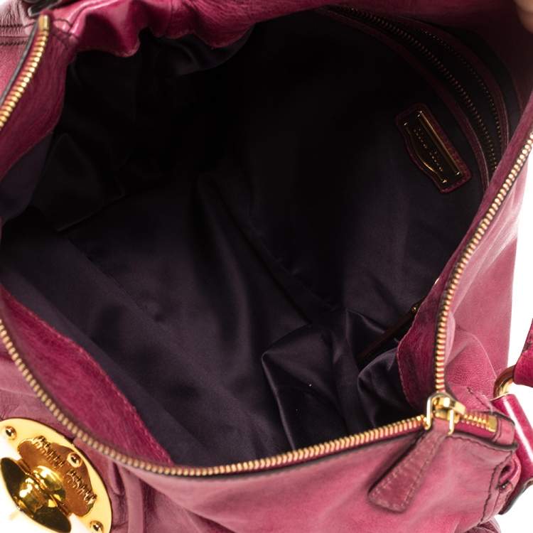 Pre Owned Miu Miu Magenta Leather Front Pocket Hobo