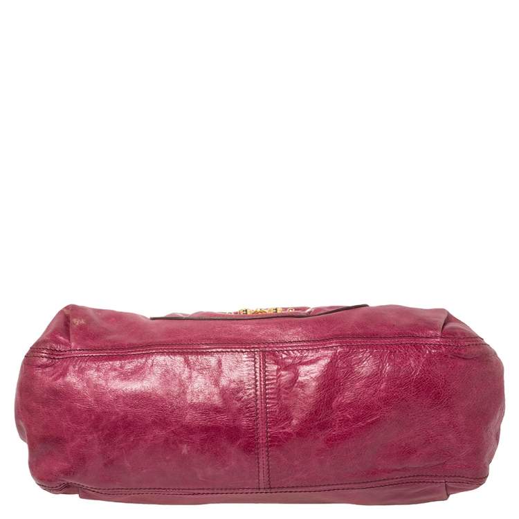 Pre Owned Miu Miu Magenta Leather Front Pocket Hobo