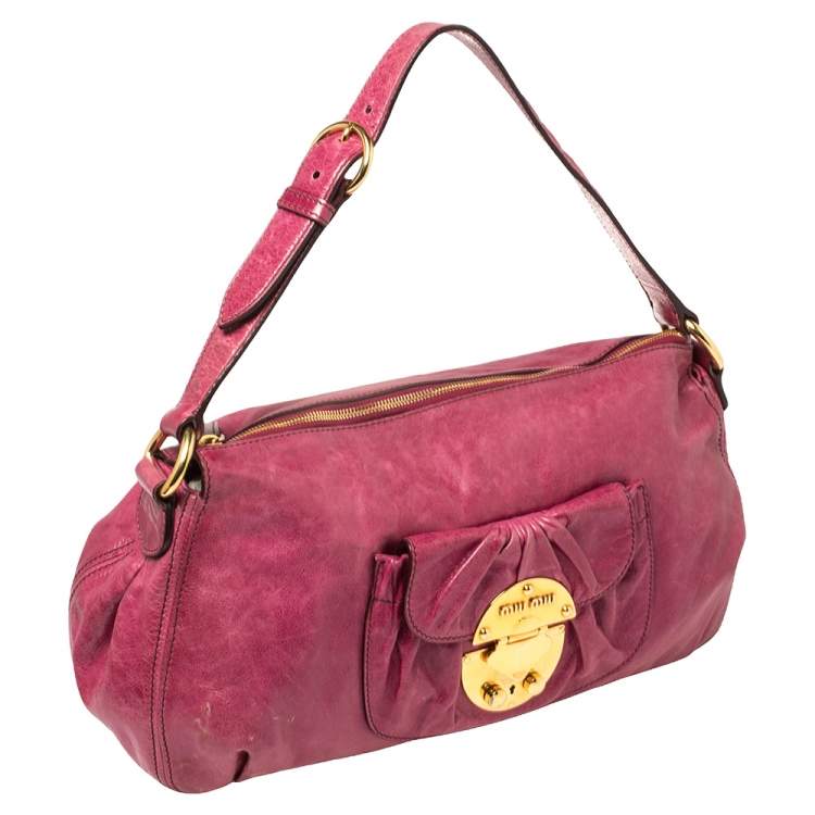 Pre Owned Miu Miu Magenta Leather Front Pocket Hobo