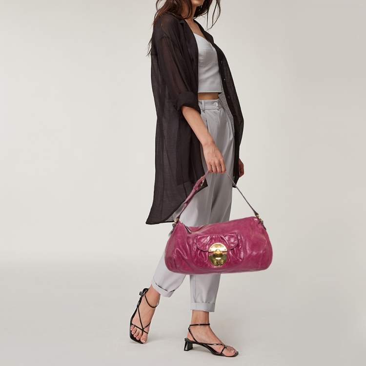 Pre Owned Miu Miu Magenta Leather Front Pocket Hobo