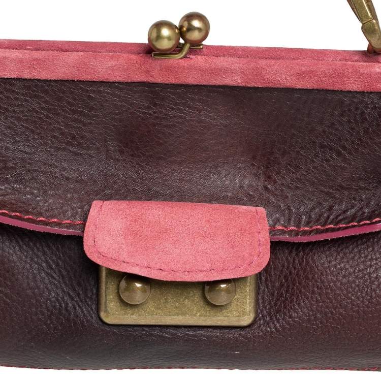 Pre Owned Miu Miu Pink/Brown Leather and Suede Kiss Lock Frame Clutch