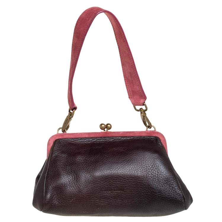 Pre Owned Miu Miu Pink/Brown Leather and Suede Kiss Lock Frame Clutch