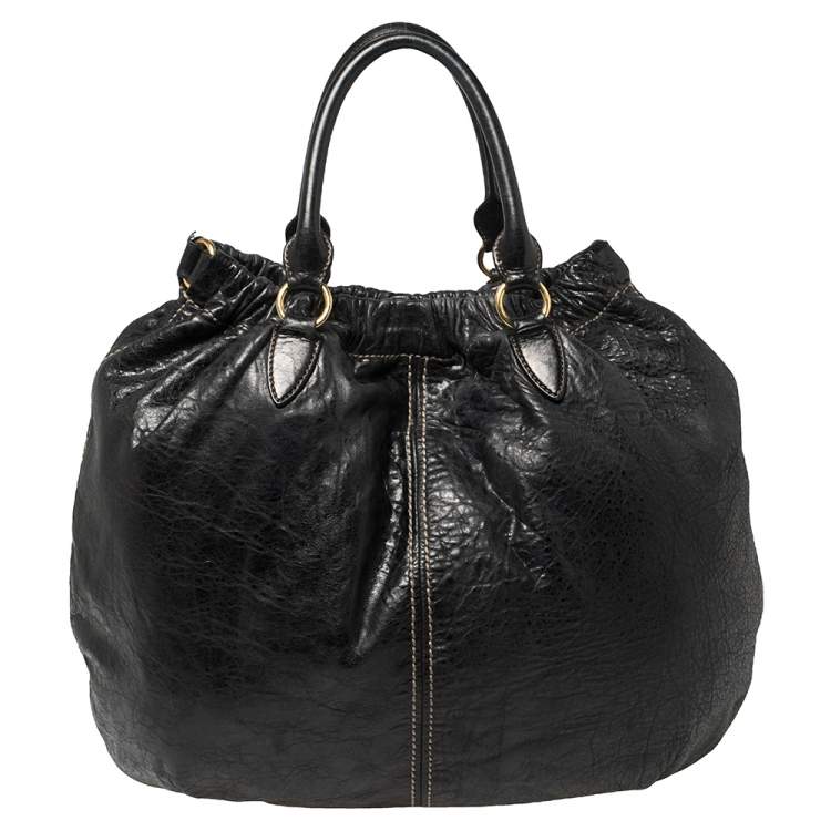 Pre Owned Miu Miu Black Distressed Leather Hobo