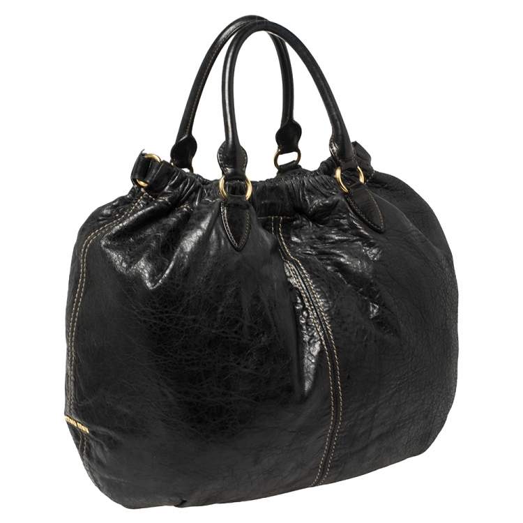 Pre Owned Miu Miu Black Distressed Leather Hobo