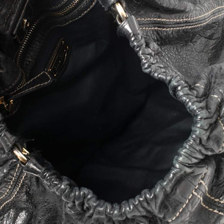 Pre Owned Miu Miu Black Distressed Leather Hobo