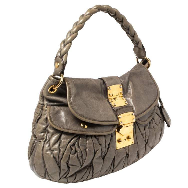 Pre Owned Miu Miu Grey Matelassé Leather Coffer Hobo