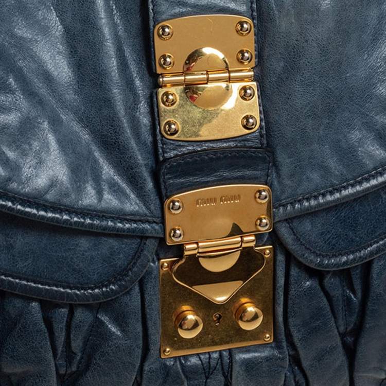 Pre Owned Miu Miu Teal Blue Matelassé Leather Coffer Hobo