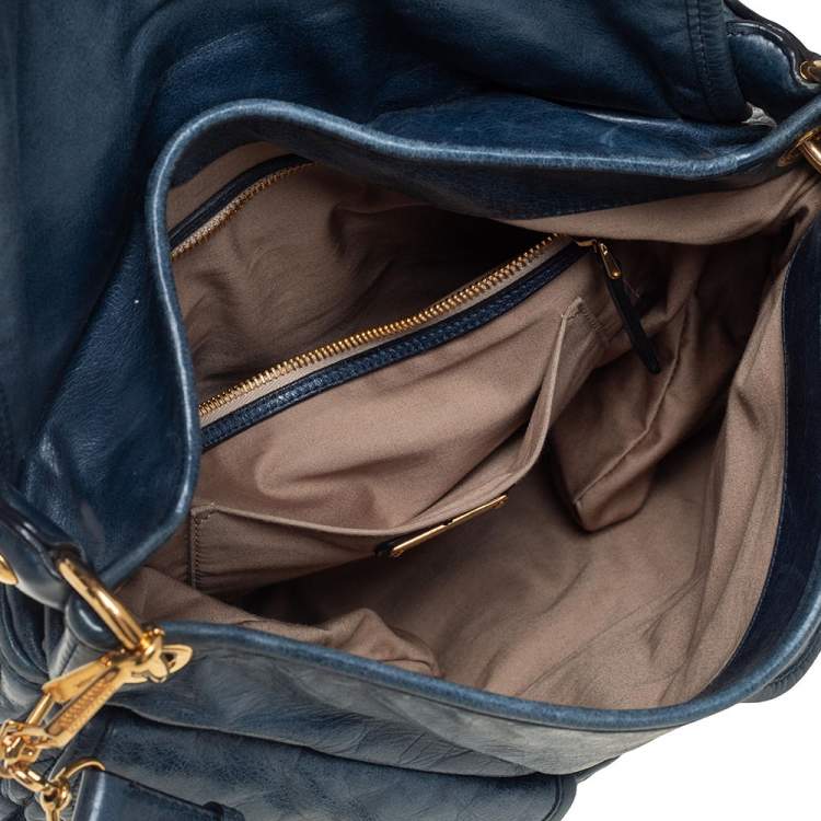 Pre Owned Miu Miu Teal Blue Matelassé Leather Coffer Hobo