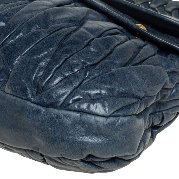 Pre Owned Miu Miu Teal Blue Matelassé Leather Coffer Hobo