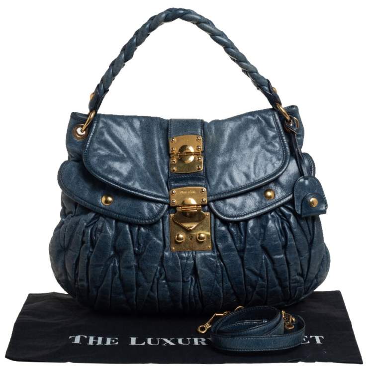 Pre Owned Miu Miu Teal Blue Matelassé Leather Coffer Hobo