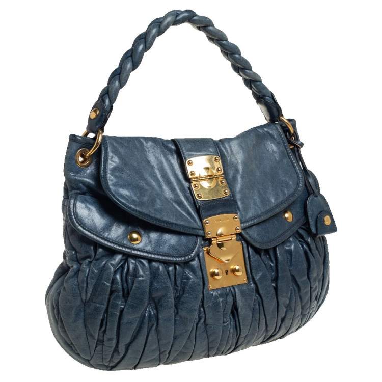 Pre Owned Miu Miu Teal Blue Matelassé Leather Coffer Hobo