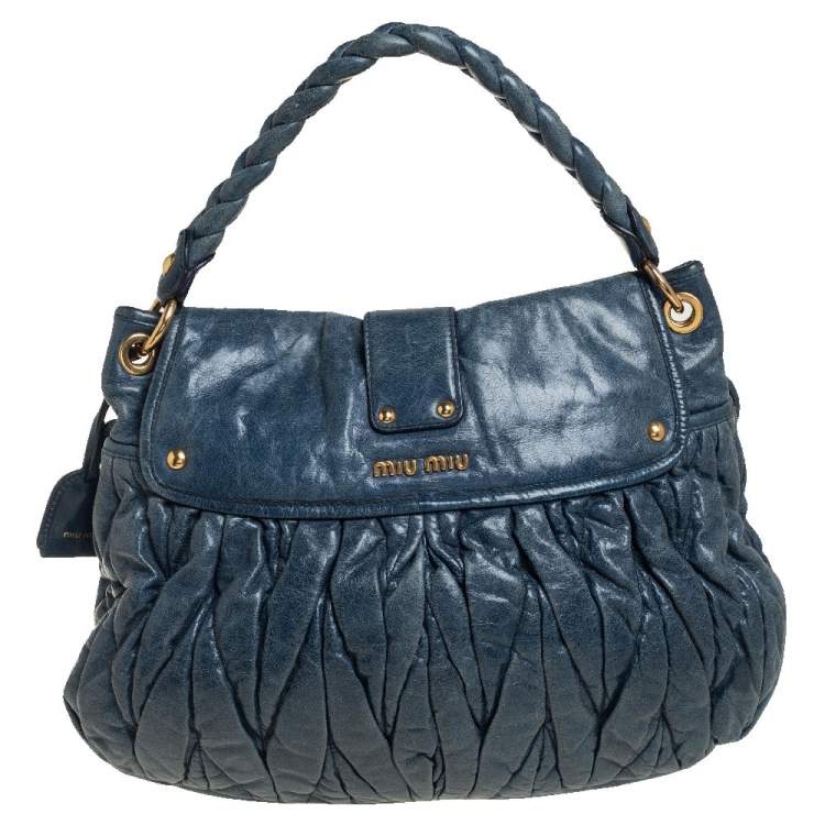 Pre Owned Miu Miu Teal Blue Matelassé Leather Coffer Hobo