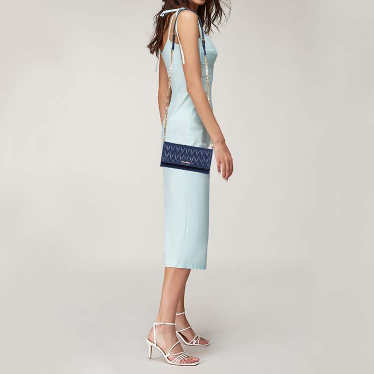 Pre Owned Miu Miu Blue Matelassé Leather Flap Wallet on Chain