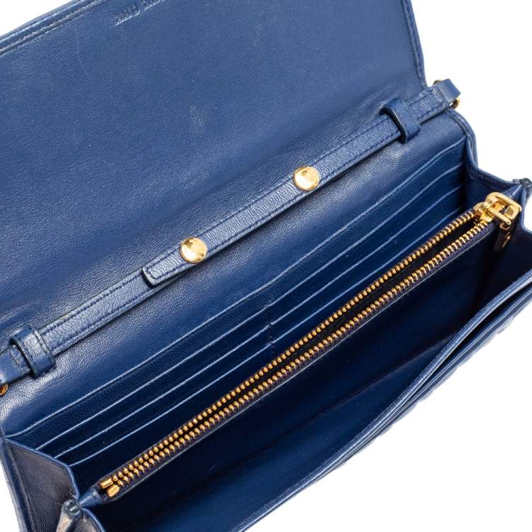 Pre Owned Miu Miu Blue Matelassé Leather Flap Wallet on Chain