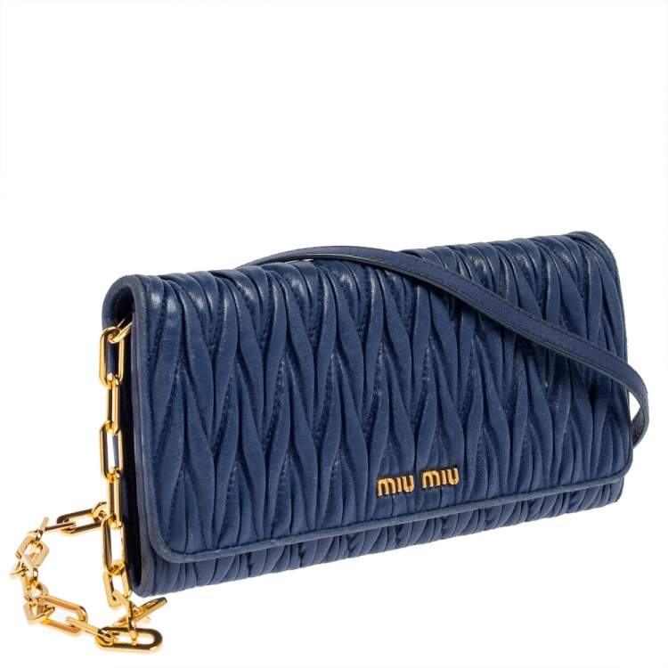 Pre Owned Miu Miu Blue Matelassé Leather Flap Wallet on Chain