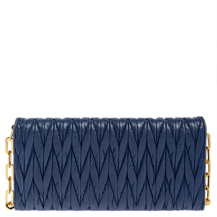 Pre Owned Miu Miu Blue Matelassé Leather Flap Wallet on Chain