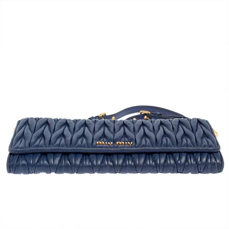 Pre Owned Miu Miu Blue Matelassé Leather Flap Wallet on Chain