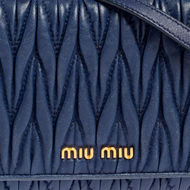 Pre Owned Miu Miu Blue Matelassé Leather Flap Wallet on Chain