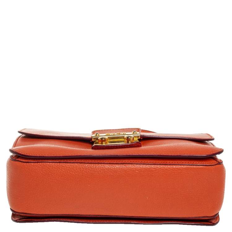 Pre Owned Miu Miu Orange Madras Leather Push Lock Flap Top Handle Bag