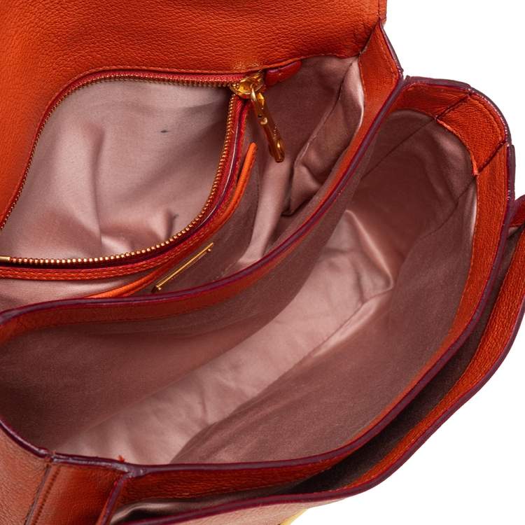 Pre Owned Miu Miu Orange Madras Leather Push Lock Flap Top Handle Bag