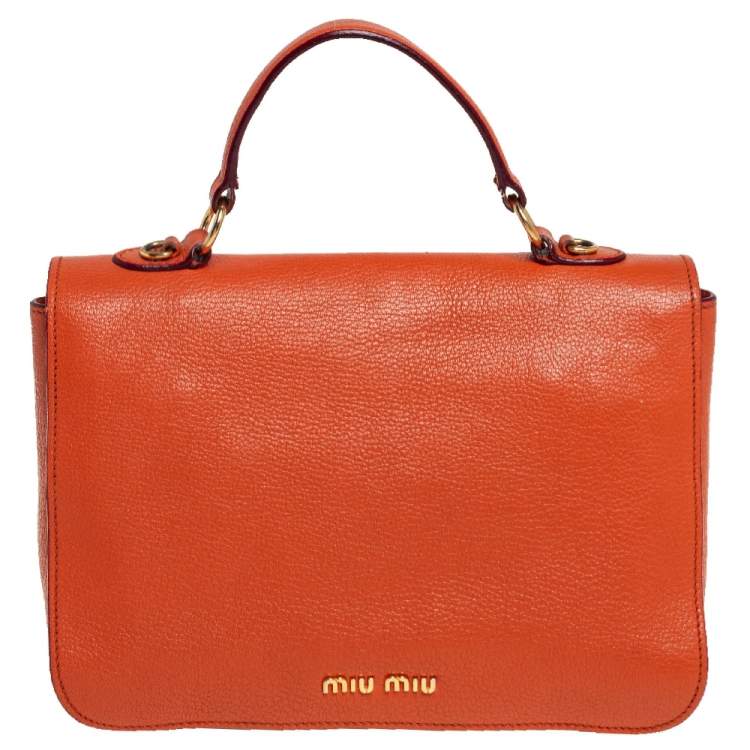 Pre Owned Miu Miu Orange Madras Leather Push Lock Flap Top Handle Bag